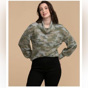 🍉 Ricki’s Waffle knit cowl neck top lightweight long lantern sleeves camo print